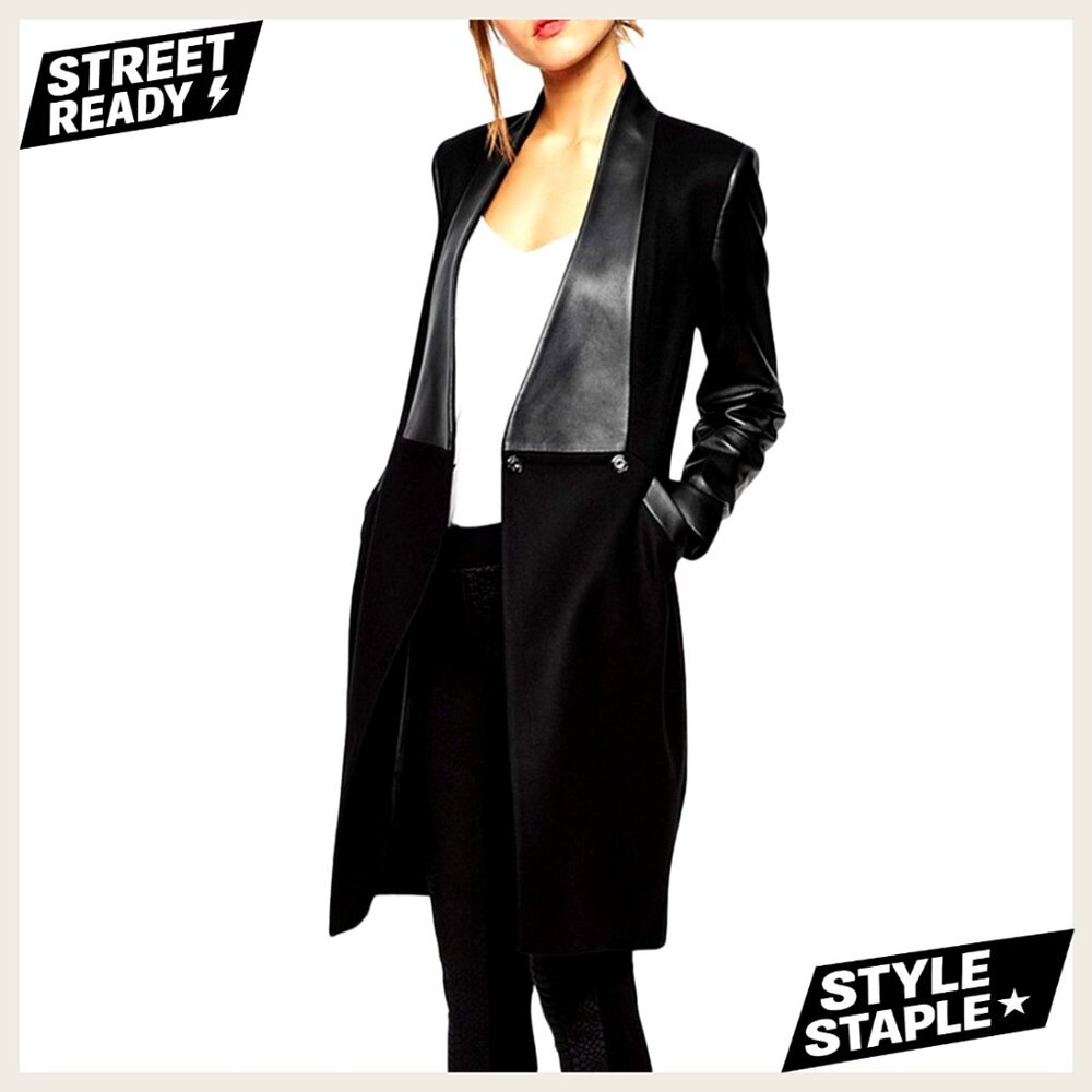 Slim Fit Double Breasted Faux Leather Trench Coat with Patchwork Lapel